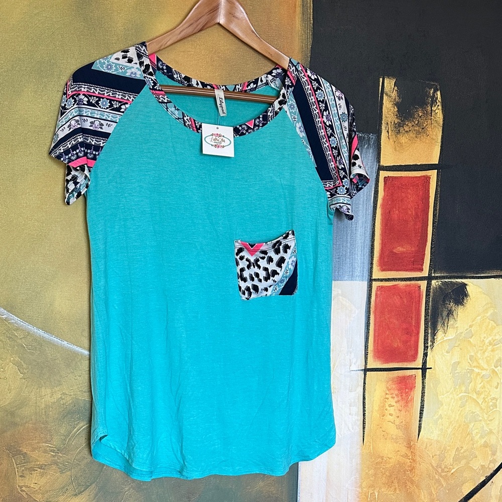 Lilipad Turquoise Raglan Short Sleeve Tee with Mixed-Print Accents